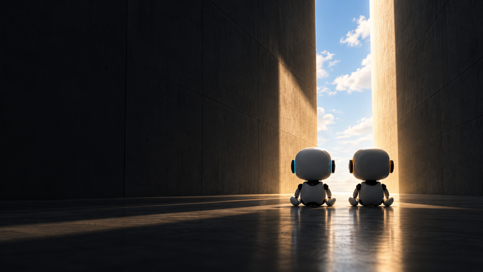 Two small robot companions sitting together, looking through a sunlit architectural opening toward the sky.